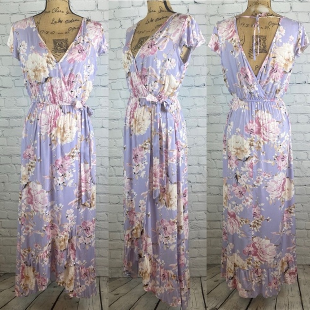 Band of Gypsies Purple Floral Front Wrap High Lo Maxi